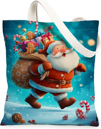Generic Christmas Santa Claus Canvas Tote Bags, Holiday Cheer Reusable Grocery Bags, Lightweight Washable Shoulder Strap Canvas for, Blue, 13x15 Inch