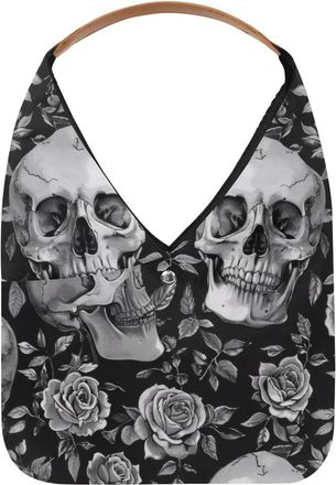 Generic Grey Skull Rose Pattern Reusable Lightweight Grocery Bags - Foldable Into Compact Pouch, Washable & Sturdy, Multipurpose for Shopping and Travel