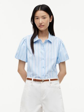 Tommy Hilfiger Womens Puff-Sleeve Striped Poplin Shirt - Vessel Blue - XS