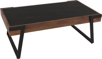 Hhg Hhg - Nunca Usado] Mesa De Centro 701, Mesa De Sof&aacute; Mesa De Sal&oacute;n, Hierro 43x120x64cm Piedra Sinterizada Aspecto M&aacute;rmol Negro Madera Marr&oacute;n Oscuro