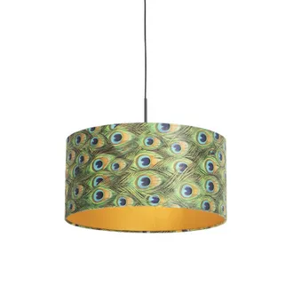 QAZQA Cl&aacute;sico/antiguo L&aacute;mpara Colgante Con Pantalla De Terciopelo Pavo Real Con Dorado 50 Cm - Combi Textil /acero Cil&iacute;ndra /alargada /redonda Adecuado Para