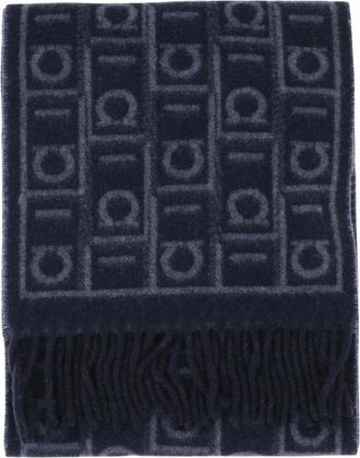 Ferragamo Gancini Zijde & Wol Sjaal met Franjes - Heren - Zijden sjaals - Blauw - ONE Size - Wol - Accessoires