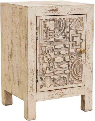 Wanderlust Deco Mesita De Noche De Madera Tallada Artesanal Beige 40x35x60h Cm
