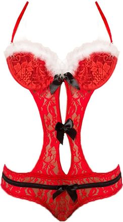 Generic Women Sexy Lingerie Set Deep V See Through Chemise Strappy Underwear Lingerie for Women UK Sexy Christmas Costumes (Red, XXL)