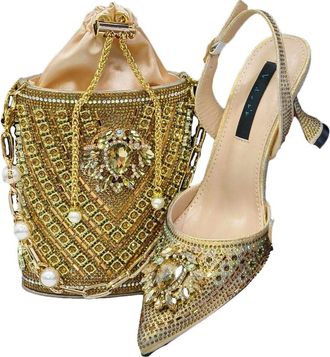 Generic Womens Stiletto High Heel Shoes and Gold Chain Handbag Set Sparkly Rhinestone Big Crystal Decoration