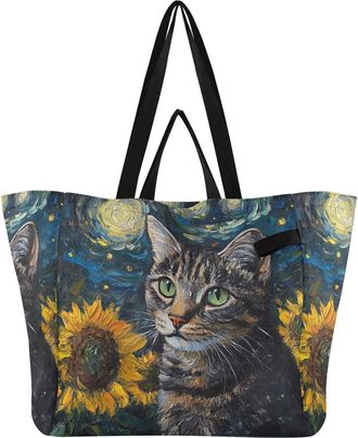Generic Cat Sunflowers Stars Blue pattern Reusable Canvas Tote Bag, Heavy Duty Grocery Shopping Bag with Large Capacity Hard Bottom Double Handles Work Grocer