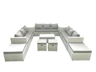 Fimous 8 Pieces Rattan Garden Furniture Set Outdoor Garden Sofa Coffee Table Set with 4 Footstools Light Grey Mixed