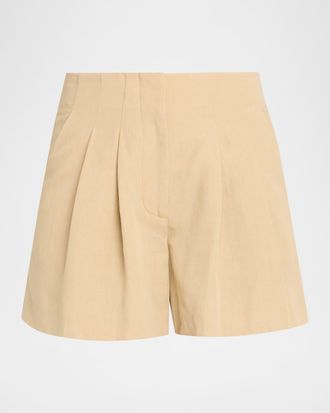 Veronica Beard Gables Pleated Linen-Blend Shorts