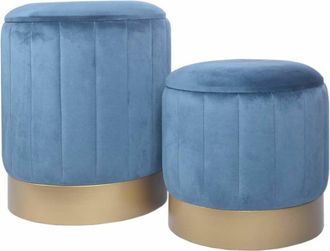 Mobili Rebecca Juego de 2 puffs de almacenamiento de terciopelo azul con tapa