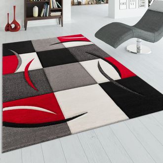 Paco Home Paco Home - Alfombra De Dise&ntilde;o Perfilado - A Cuadros En Rojo Negro 120x170 Cm