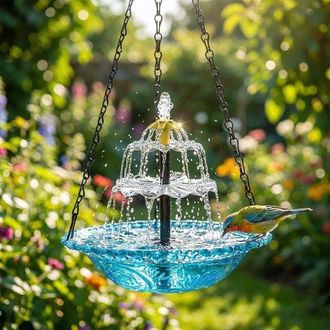 OEM Fuente Para P&aacute;jaros Con Energ&iacute;a Solar, Adorno De Agua De 3 Niveles, Colgante, Cuenco De Vidrio De 23,6 Cm F&aacute;cil De Limpiar Con Bomba Solar, Azul