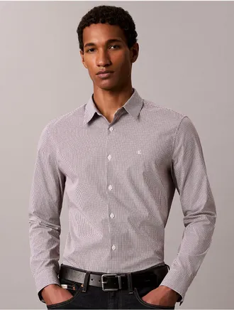 Calvin Klein Mens Cotton Stretch Gingham Slim Button-Down Shirt - Red - 2XL