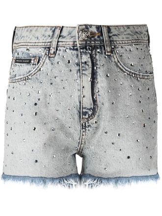 Philipp Plein Shorts verfraaid met kristallen - Blauw