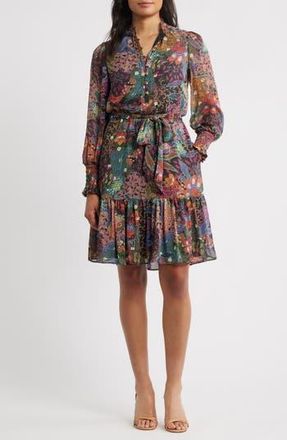 Vince Camuto Floral Long Sleeve Chiffon Fit & Flare Dress in Multi Orange at Nordstrom Rack, Size 12
