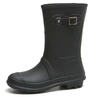 Pangolin Womens Waterproof Mid-Calf Wellington Boots, Pull-On PVC Wellies with Buckle Detail, Anti-Slip Lug Sole, Easy-Clean Garden & Walking Rain Boots Black 