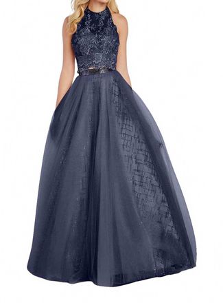 Alyce Paris Appliqued Illusion Halter Open Back Gown In Navy
