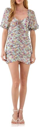 endless rose Floral Ruched Puff Sleeve Minidress in Purple Multi at Nordstrom, Size X-Small