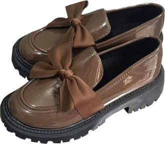 Generic Womens Loafers Patent Leather Stylish Walking Shoes Bow Solid Color Low Chunky Heel Elegant Comfortable Casual Shoes Work Shopping Khaki