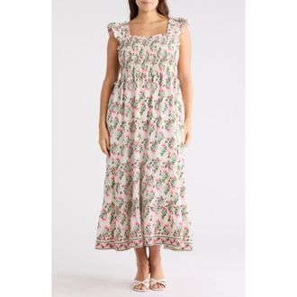 Max Studio Floral Flutter Sleeve Maxi Dress in Ecru/Pink Summer Blooms at Nordstrom Rack, Size 2 X