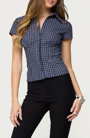 Edikted Oriya Gingham Button-Up Blouse in Navy at Nordstrom, Size X-Large