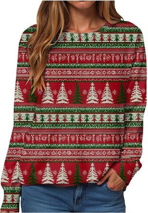 Generic Womens Christmas Sweatshirt Christmas Print Long Sleeve Pullover Top Casual Loose Fit Blouse Holiday Xmas Hoodless Cozy Warm Lightweight Round Neck To