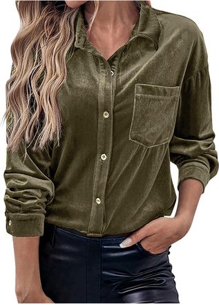 Generic Womens Velvet Shirts UK Trendy Long Sleeve Lapel Neck Tops Dressy Casual Button Down Fleece Blouse Comfy Solid Color Loose Fit Top with Pocket