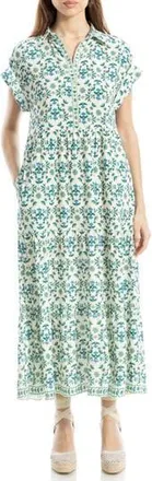 Max Studio Cuffed Short Sleeve Maxi Shirtdress in Cream/Green Small Floral at Nordstrom Rack, Size X-Small