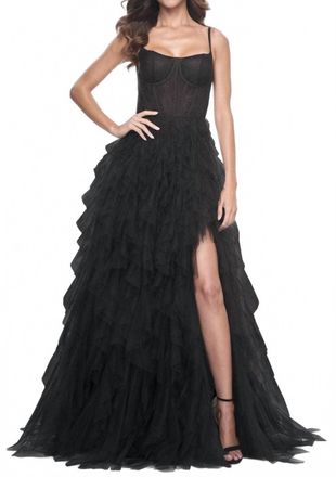 La Femme Tulle Ruffle Ball Gown In Black