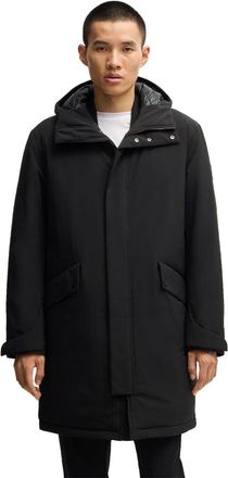 HUGO BOSS Mens Solid Patterned Hooded Snap Button Flap Pocket Parka Coat in Black - Size 42 (Chest)