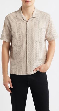 Percival Leland Stripe Camp Shirt in Ecru at Nordstrom, Size Xx-Large