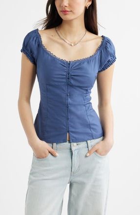 BP. Lace Trim Stretch Cotton Button-Up Top in Blue Indigo at Nordstrom, Size Xx-Small
