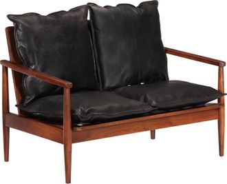 vidaXL Vidaxl - Sof&aacute; De 2 Plazas Madera Maciza Acacia Y Cuero Aut&eacute;ntico Negro