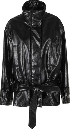 Federica Tosi Black Belted High Neck Leather Polyurethane Bomber Jacket