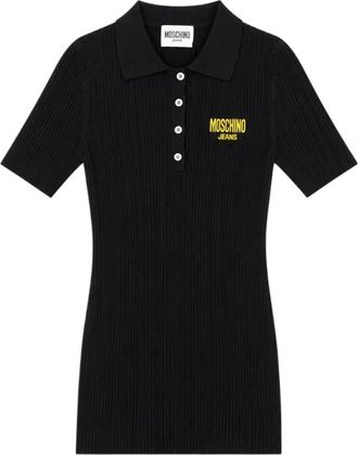 Moschino Tops, Dames, Zwart, M, Geribde poloshirt