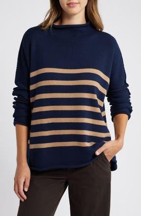 Frank & Eileen Monterey Stripe Cotton Funnel Neck Sweater in Navy W/Camel Stripe at Nordstrom Rack, Size X-Large
