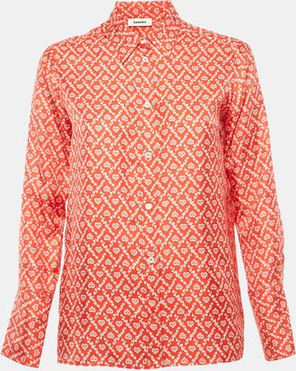 Sandro Red Printed Silk Button Front Long Sleeve Shirt