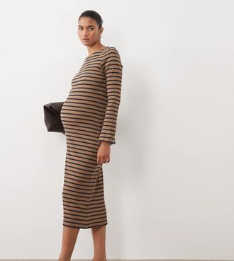 Mama Licious Mamalicious Maternity vestito midi in jersey a maniche lunghe a righe beige e navy-Neutro