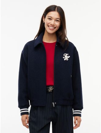 Tommy Hilfiger Womens Script Monogram Wool-Blend Varsity Jacket - Navy Blue - XL