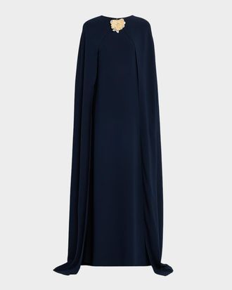 Oscar De La Renta Rose Applique Cape Gown