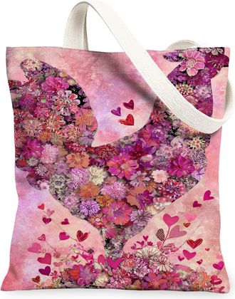 Generic Floral Heart Canvas Tote Bags, Flower Pattern Reusable Grocery Bags, Spring Vintage Lightweight Washable Shoulder Strap Can, Peach, 13x15 Inch