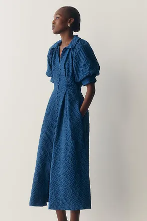 English Factory Puff-Sleeve Textured Midi Shirtdress