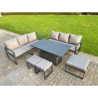 Fimous Fimous 6 Pieces Garden Furniture Set Aluminium Adjustable Rising Lifting Dining Table and Sofa Set with 3 Footstools Dark Grey