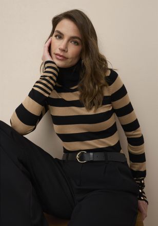 Tamaris Rollkragenpullover TAMARIS, Damen, Gr. 38, braun (schwarz, camelfarben, gestreift), Feinstrick, Obermaterial: 70% Viskose, 30% Polyamid, Pullover Roll