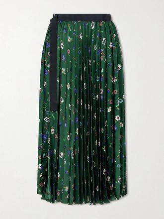sacai Gonna Midi In Raso Floreale Pliss&eacute; Con Cintura In Gros-grain - Verde