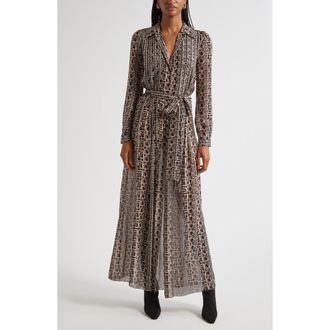 L'agence Klaudia Print Tie Waist Long Sleeve Silk Maxi Shirtdress in Black Multi L Geo Print at Nordstrom Rack, Size Xx-Small