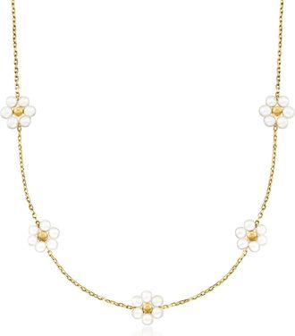 RS Pure by Ross-Simons 3-3.5mm Cultured Pearl Flower Station Necklace in 14kt Yellow Gold