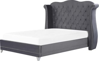 Beliani Beliani - Cama Con Somier De Terciopelo Gris 160 X 200 Cm Listones Cabecero Capiton&eacute; Ayette