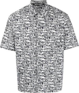 Palm Angels waves-print bowling shirt - men - Cotton/Polyester - 54 - White