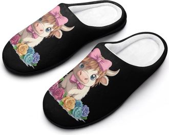 Generic Highland Cow Rose Womens Slippers Warm House Slippers Indoor House Shoes with Anti-Skid Rubber Sole