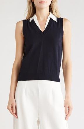 French Connection Mixed Media Sweater Vest in Navy/White at Nordstrom Rack, Size X-Large
